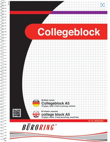Collegeblock Basic A5 kariert, 80 Blatt