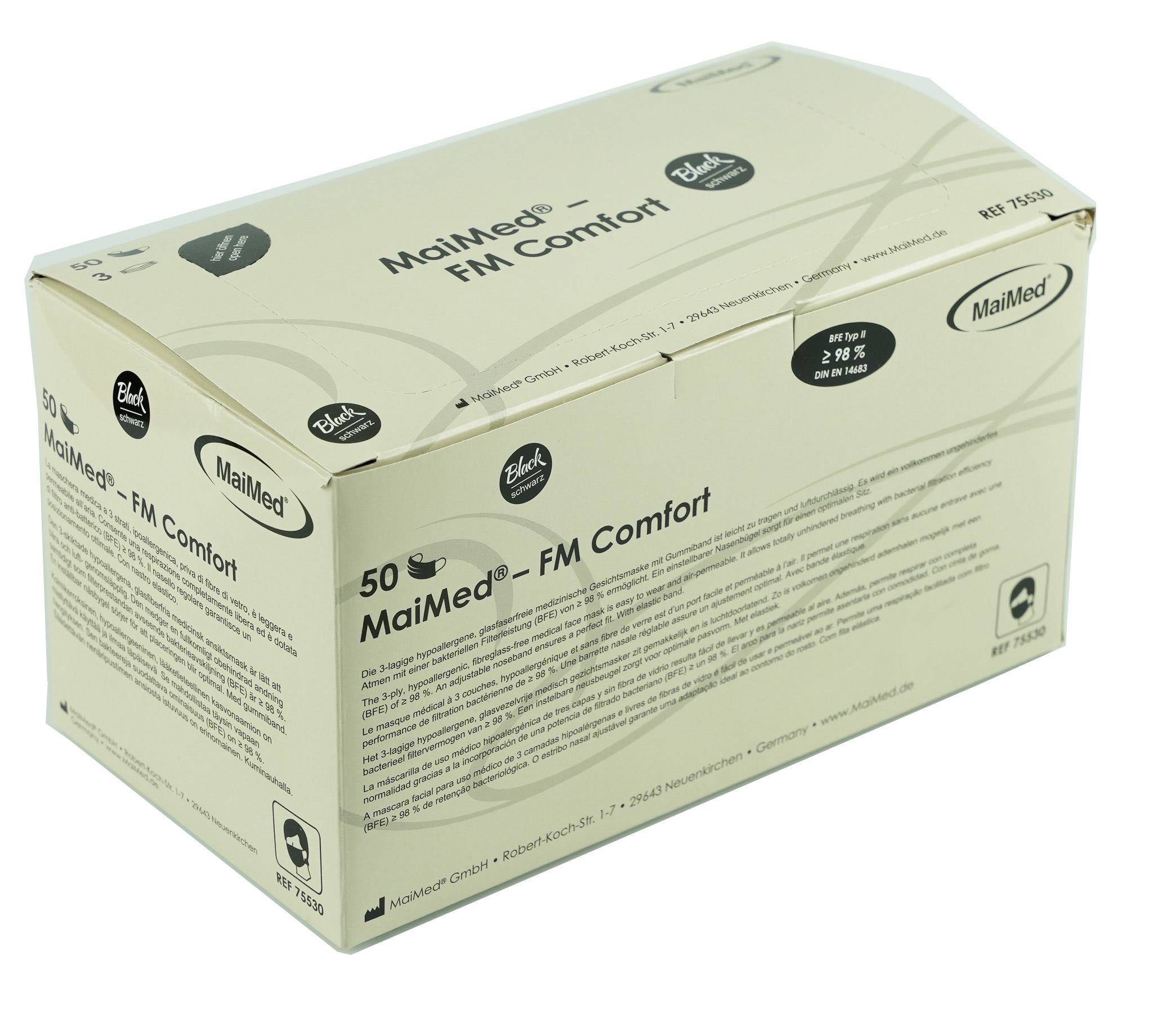OP-Maske MaiMed FM comfort 3-lagig schwarz, 50 Stk.