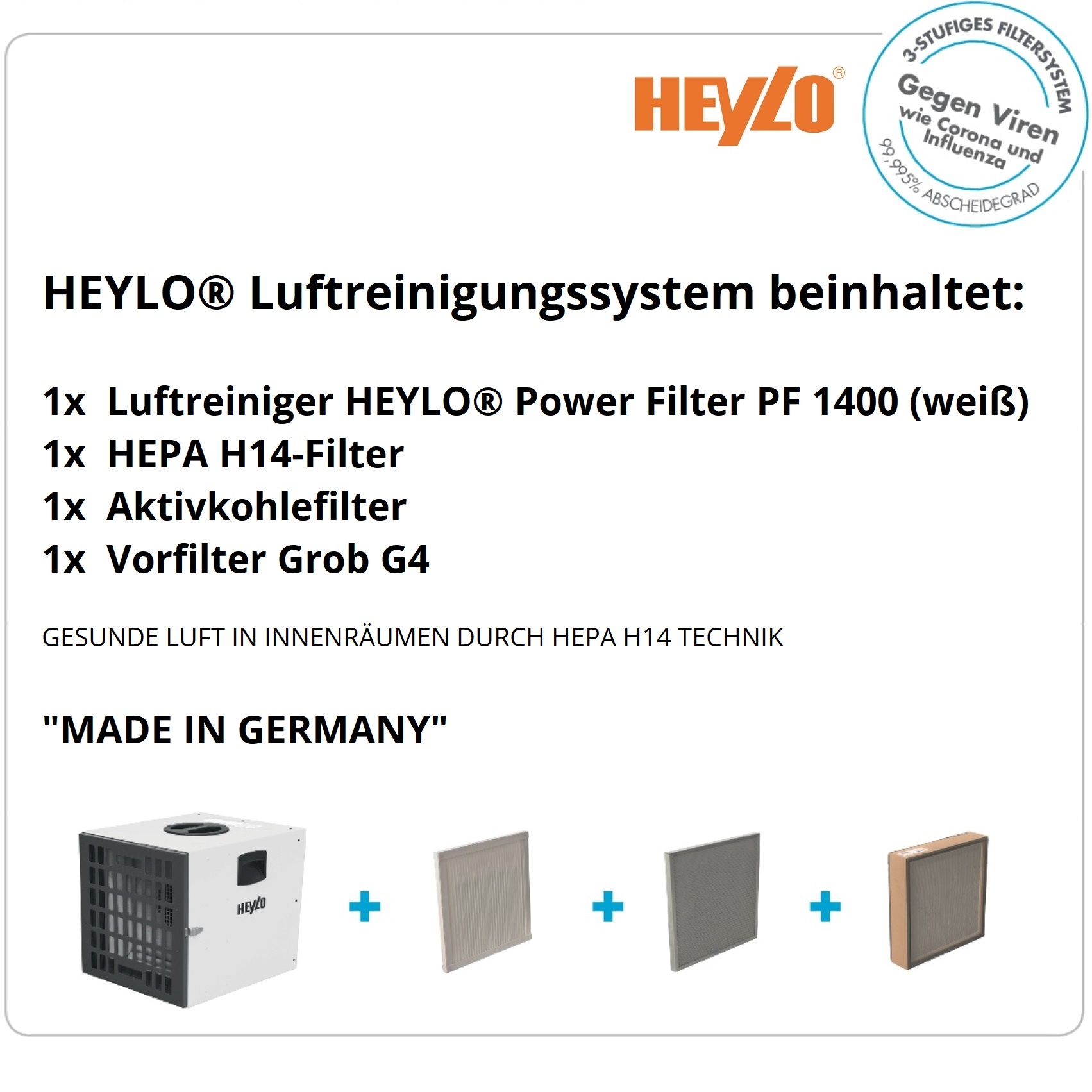 HEYLO® Luftreiniger PowerFilter 1400 (weiß) HEPA H14